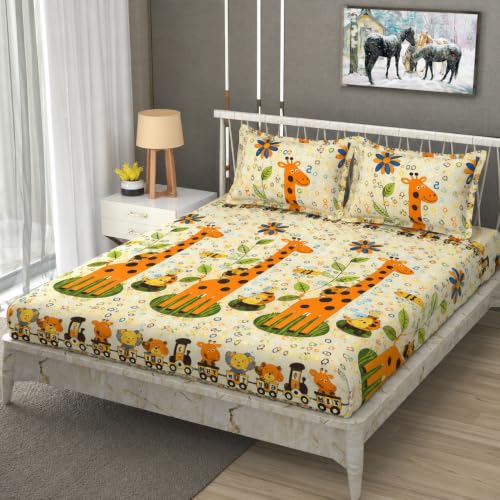 Image of Vram Premium Heavy Cotton Flat Bedsheets with 2 King Size Pillow Covers || Double Bed 350 TC || 90 x 100 Inch King Size Flat || :- Animal Girafe