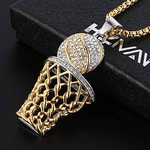 Hzman Mens 18K Gold Silver Plated Basketball Rim Cz Inlay Pendant Hip Hop 22+2 Inches Chain (Gold & Silver) #TOP15
