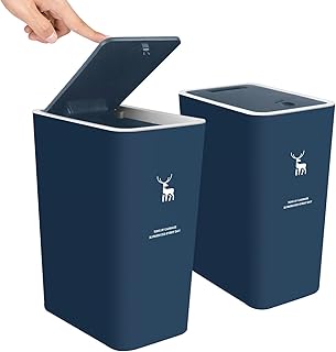 XPIY Trash Can with Lid, 2 Pack 4 Gallons/15 Liters Garbage Can with Press Top, Small Trash Can Dog Proof, Plastic Trash Bin, Waste Basket for Bathroom|Kitchen|Bedroom|Office (2, Blue)