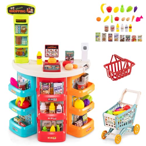 RELAX4LIFE Supermercado Juguete Infantil con Luz, Sonido, Carrito Compra, Cesta y 29 Accesorios, Caja Registradora Juguetes con Escáner, Supermercado de Madera para Niños de 3+ Años (Multicolor)