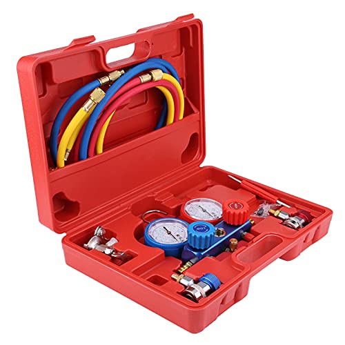 マニホールドゲージ 工具セット R134a エアコンガスチャージキット 冷媒 補充 バルブ式 車 エアコン ガスチャージ ゲージマニホールド 冷媒用 自動車用エアコンシステムのテスト用 &缶切＆クイックカプラー付 5フィート充電ホースツール付き 専用ケース付