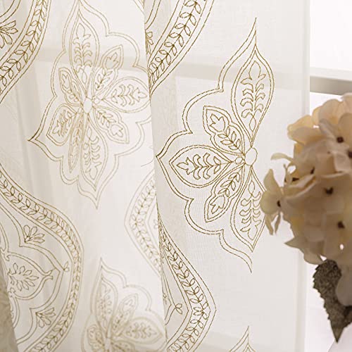 Jinchan Sheer Curtains For Living Room Embroidered Grommet Top Voile Curtain Medallion Damask Pattern Leafy Drapery Light Filtering Bedroom Farmhouse Country 2 Panels 84 Inch Length Gold On Ivory #TOP6