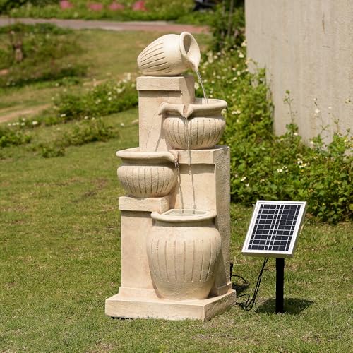Teamson Home Garten Outdoor Brunnen Solar 4-stufiger Kaskaden-Schalenbrunnen mit LED-Lichtern, natürliche Steinoptik, umweltfreundliches Design