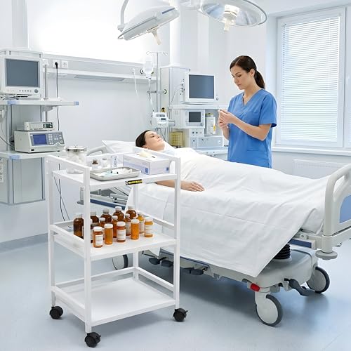 Image of Premium 3-Tier Metal Hospital Trolley with 4 Smooth Castor Wheels | Medical Instrument & Surgical Equipment Cart for Clinics, OT, Doctors & Hospitals (White)
