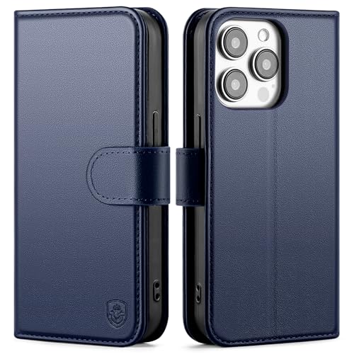 BoxCastle Funda tipo cartera compatible con iPhone 15 Pro Max con tarjetero, para mujeres y hombres, de piel auténtica, con bloqueo RFID, ranuras para tarjetas de crédito, a prueba de golpes, para