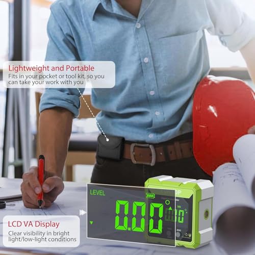 Image of XUNTOP 4x90 Digital Angle Finder with Green Laser(Class 2, <1mW Output) 4 Sided Strong Magnetic Digital Angle Gauge Rechargeable IP54 Waterproof Level Box with VA Display for Woodworking Construction
