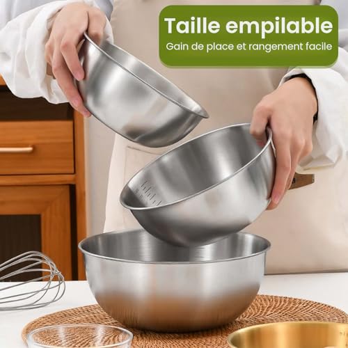 Chuner Lot de 4 Cul de Poule Inox, 4 Saladiers de tailles différentes (0.7 L, 1.2 L, 1.8 L, 2.5 L) Bol Inox Cuisine Bowl de Mélange, Empilables et Lavables au Lave-vaisselle – vue 3