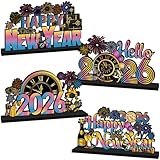 4Pcs Happy New Years Decorations 2026 Wooden Table Centerpiece Hello 2026 New Years Table Decorations Fireworks Themed New Year Table Topper for 2026 New Year's Eve Party Supplies