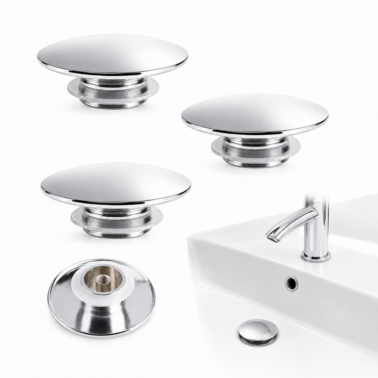 3 Pcs Pop Up Sink Plug Replacement, 66mm Sink Push Button Chrome