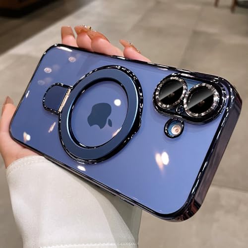 Image of Magnetic Ring Case for iPhone 16 Case Kickstand Compatible with MagSafe Built-in Camera Lens Protector Shockproof Phone Case for iPhone 16 6.1 inch - Deep Blue