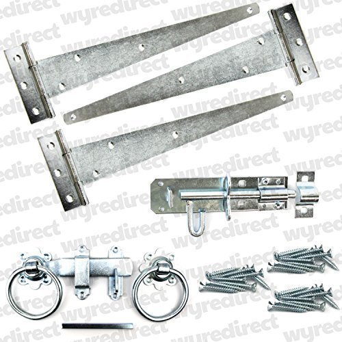 Wyre Direct Gate Hinges 16-Inch with Brenton Bolt Ring Latch for Wooden Farm and Garden Gates - BZP Fitting Kit