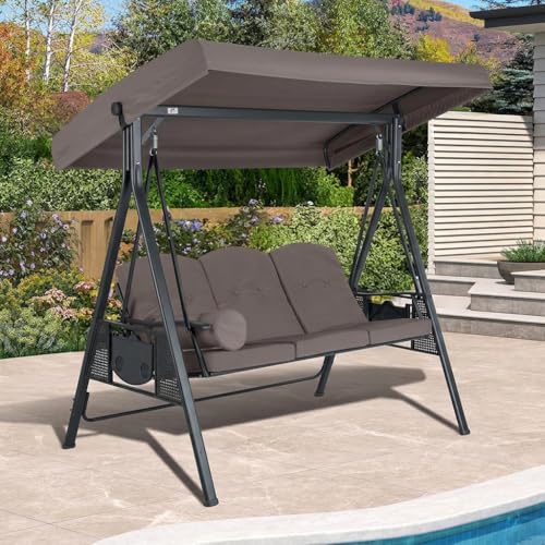 PURPLE LEAF Outdoor Patio Porch Swing with Stand, 3-seat Swing Chair with Adjustable Tilt Canopy All-Weather Steel Frame for Backyard Front Porch Lawn, Cushions and Pillow Included, Grey
