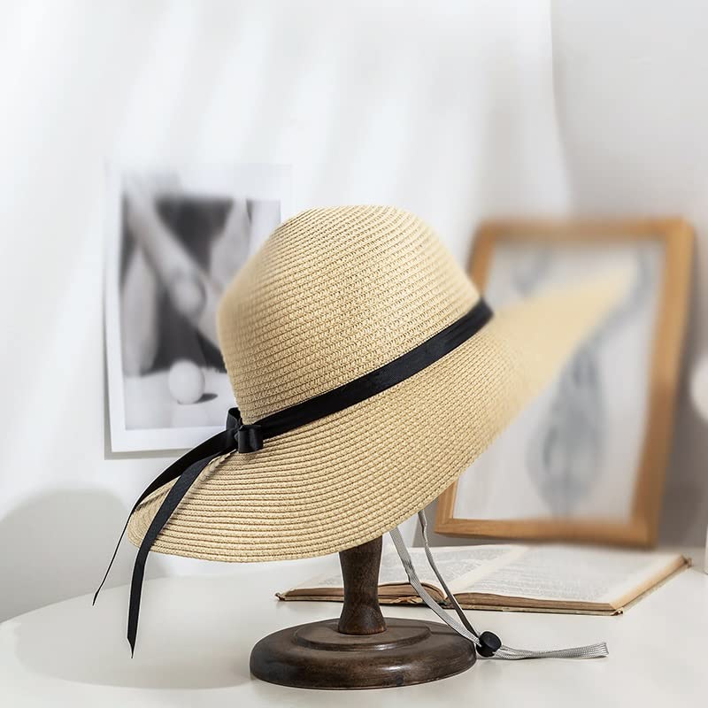 Chapeau de soleil d'été réglable en paille pour femme - Capeline de plage avec nœud élégant - 2