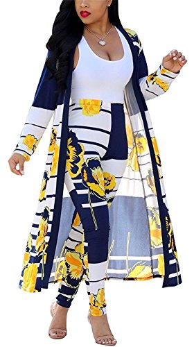 LKOUS Women 2 Piece Outfit Floral Long Sleeve Open Front Kimono Cardigan and Bodycon High Waisted Long Pants Clubwear