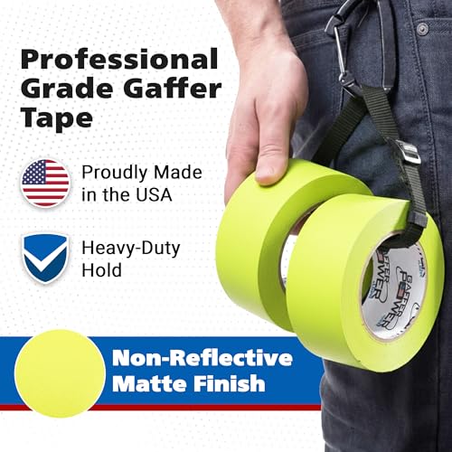 Image of Gaffer Power Fluorescent Yellow Gaffer Tape 2 Inch x 30 Yards - High Visibility, Non-Reflective, Professional Grade Cloth Tape for Stage, Marking & Cable Management - Made in USA