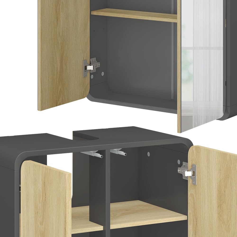 Vicco Set di mobili da bagno Arla, Antracite/quercia, 60 cm, composto da mobile sottolavabo, specchiera e colonna alta