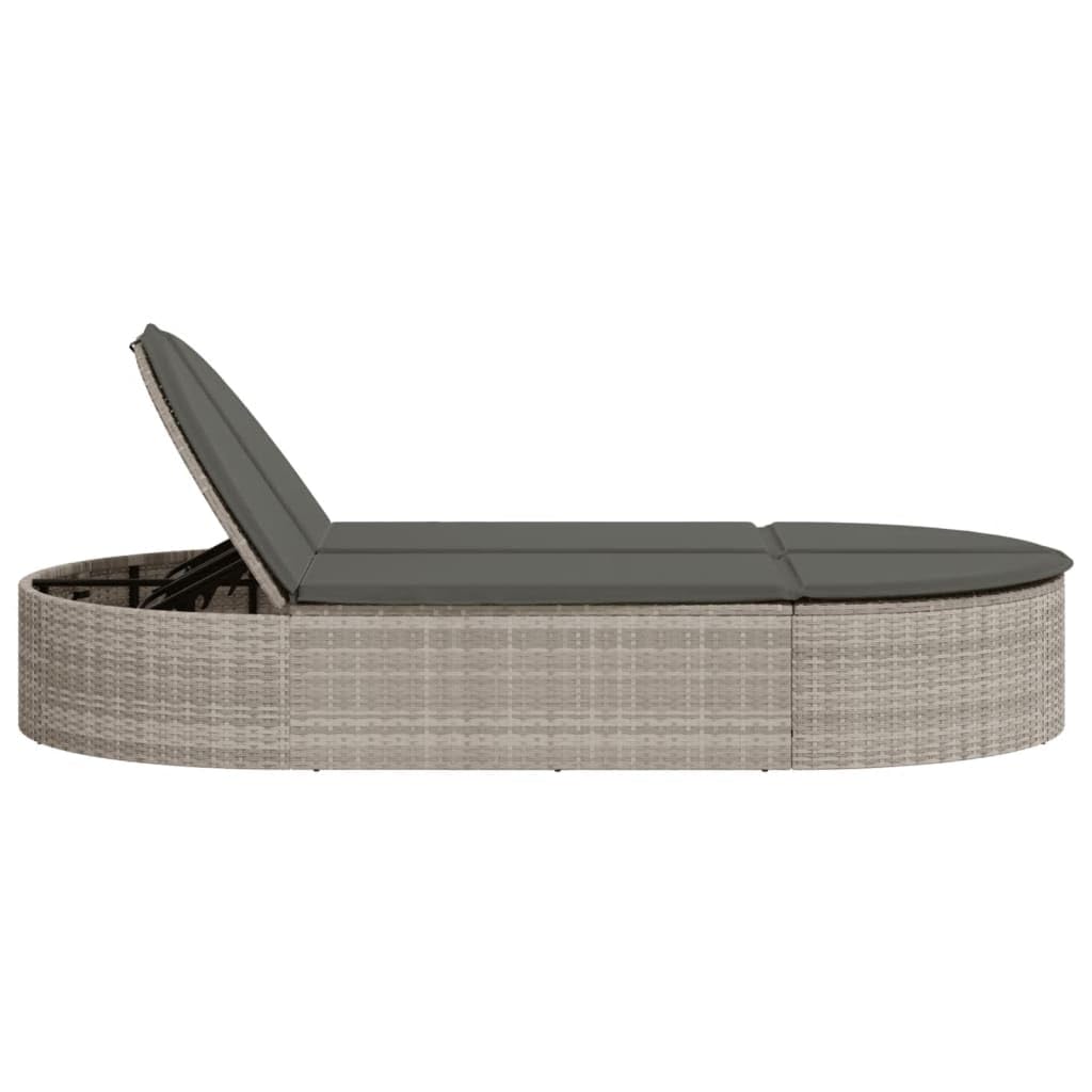 Podwójny leżak do opalania z poduszką, jasnoszary rattan PE, 110 x 200 x 30 48 66 78 cm, regulowane oparcie, malowana proszkowo rama stalowa, rekreacja na świeżym powietrzu