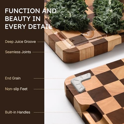Image of Cutting Boards for Kitchen Checkered Cutting Board 24in Acacia Wood Charcuterie Board Serving Heavy Duty Non Toxic Slip Over Sink Butcher Block Wood Chopping Board with Juice Grooves Handles