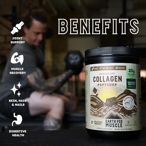 Image of Earth Fed Muscle Chocolate Collagen Peptides, Third-Party Certified. 20g Protein, Chocolate - Grass Fed, Non-GMO, Hormone Free, Gluten Free - Multi-Type - 19 Servings