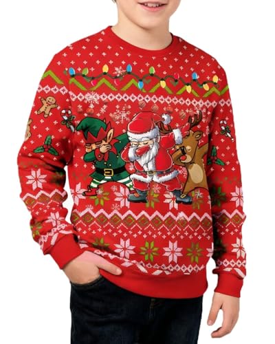 Tshyfiper Kid Ugly Christmas Sweatshirt Xmas Crewneck Sweater for Toddler Boy Red Funny Pullover Top Clothes (Red, 9-10T)