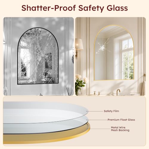 Image of 30 inchx38 inch Arched Black Bathroom Mirror - Metal Framed with HD Shatter-Proof Glass, Wall-Mounted for Over Sink, Entryway, Living Room, Bedroom