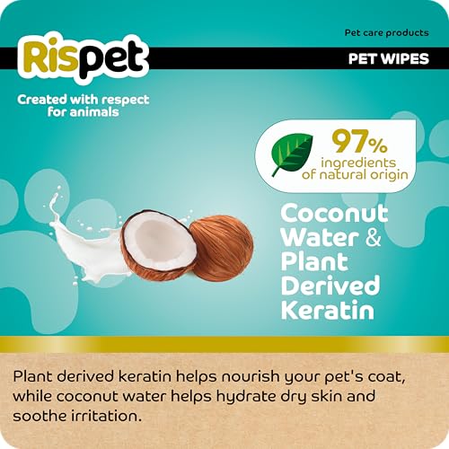 Rispet Hygienische und reinigende Reinigungstücher XL, Kokosnuss und Keratin, für das Fell von Hunden, Katzen und Haustieren, 54 Tücher (Packung mit 2)