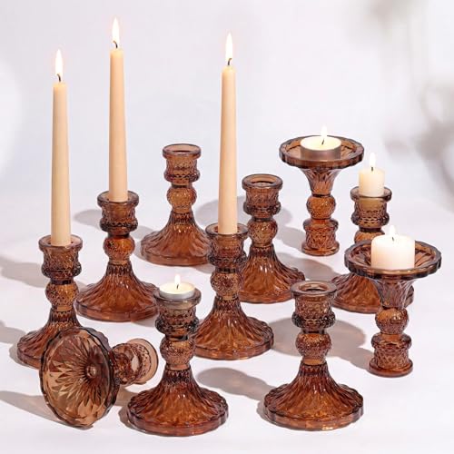 Amber Candle Holder Set of 12, Glass Taper Candle Holders, Amber Candlestick Holders...