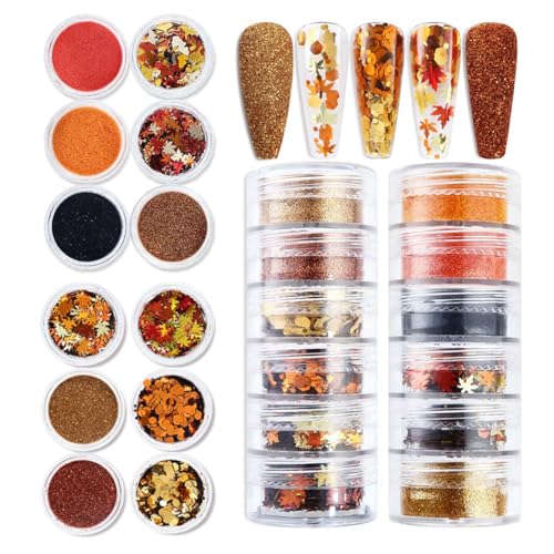 12 Grids Fall Maple Leaf Nail Sequins Thanksgiving Nail Art Stickers 3D Maple Leaves Nail Glitter Powder Autumn Glitter Flakes Red and Yellow Nail Glitter Nail Art Supplies for Acrylic Nails