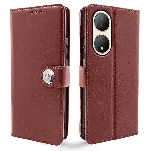Image of Pikkme Vivo Y100 5G Flip Cover Leather Finish | Inside TPU with Card Pockets | Wallet Stand and Shock Proof | Complete Protection Button Flip Case (Brown)