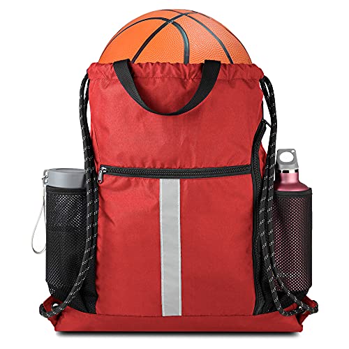 Image of BeeGreen Red Drawstring Backpack Gymsack Bag with Shoe Compartment and Two Side Mesh Pockets Lightweight Durable Sports Cinch Sackpack 1 Pack for Women Men Workout Swim