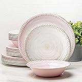 Zak Designs French Country House Dinnerware Sets Made of Melamine Plastic, 24 Piece Plates and Bowls Sets, Dishes Set for 8 is Perfect for Indoors and Outdoors With Family Mealtime (Oyster White&Rose)