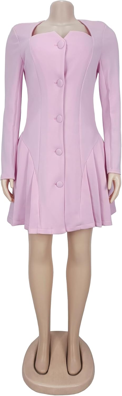 Women's V-Neck Long-Sleeved Front-Button Pleated mini Skirt, A-Shaped Design, Fitted Skirt Hem Style