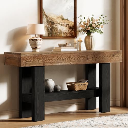 TRIBEWOOD Solid Wood Black Console Table for Entryway, 63-Inch Long Narrow Sofa Table Behind Couch with Storage Shelf for Living Room, Hallway, Foyer, Entrance, Rustic Brown + Black