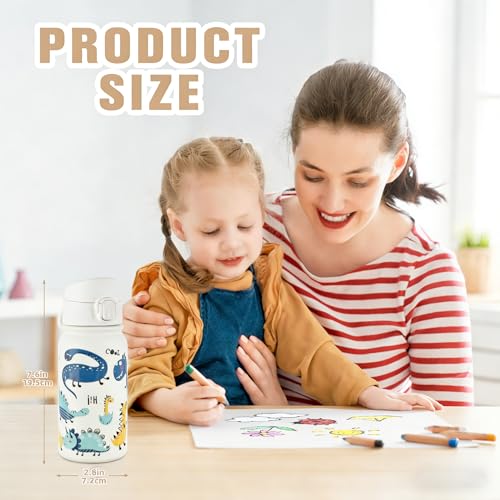 Image of GOPPUS Kids 12oz Insulated Stainless Steel Water Bottle, Leakproof Vacuum Tumbler with Carry Handle, Fits Cup Holders, Reusable Water Bottle for School Outdoor, Boys & Girls（White Dinosaur）