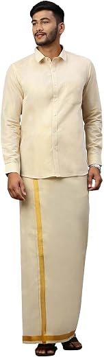 RAMRAJ COTTON Men Tissue Shirt and Dhoti set|Ideal for Festival and Wedding Occassion