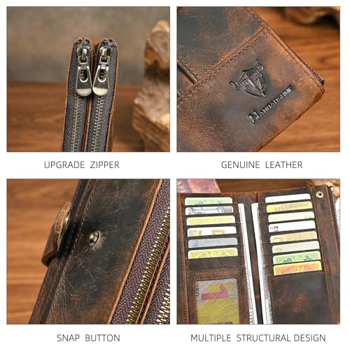 Image of Genuine Crazy Horse Leather Travel Gift Coin Pocket Card Case Long Organizer Chain Rfid Wallet Purse With Snap For Men Male 1803 1815 (1822 Brown)