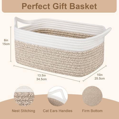 Image of OIAHOMY Woven Basket, Gift Basket Empty with Gift Bags and Ribbons, Rope Baskets for Baby Showers, Storage Baskets with Handles for Nursery, Pet Toy Organizer - Brown & White