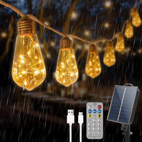 Guirlande Lumineuse Exterieure, Guirlande Guinguette Solaire avec 16 Ampoules, Corde de Chanvre 6.4M, 8 Modes IP65 Étanche, Télécommande et Chargement USB, pour Jardins, Cours, Bistrots,Pavillon