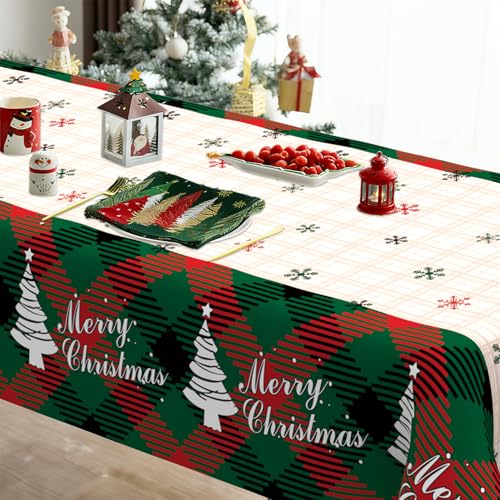 Image of Christmas Tablecloth, 6 PCS Christmas Tablecloth Disposable for Rectangle Table, 54 inch x 108 inch Plastic Snowflake Xmas Tree Decorative Table Cloth Tables Cover for Xmas Holiday Party Decorations Supplies