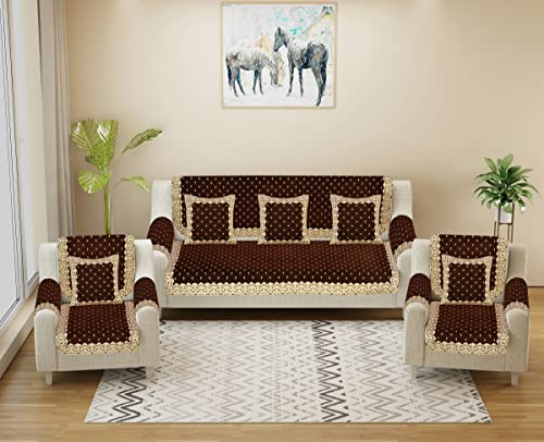 Image of Premium 5 Seater Printed Velvet Sofa Cover Set With Arm Covers And Cushion Covers, 3,1,1 Seater 16 Pieces Sofa Back Slip Panels, Premium Stylish Slip Cover Protector, Coffee (Pack Of 17)