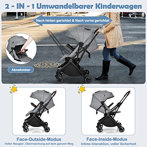 GOPLUS Klappbarer Kinderwagen, Hohe Aussicht Buggy mit 360°Drehbarem Sitz, Verstellbare Rückenlehne, 5-Punkt-Gurt, Stoßdämpfende Räder, Aluminium-Rohrrahmen, Sportwagen für 0-3 Jahre (Grau)