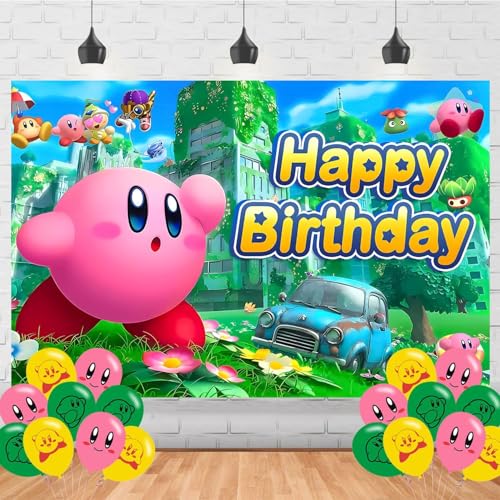 Cartoon Kirbies Birthday Photography Backdrop 5x3ft Photo Background Cartoon Star Happy Birthday Banner for Party Supplies Decorations (5x3ft)