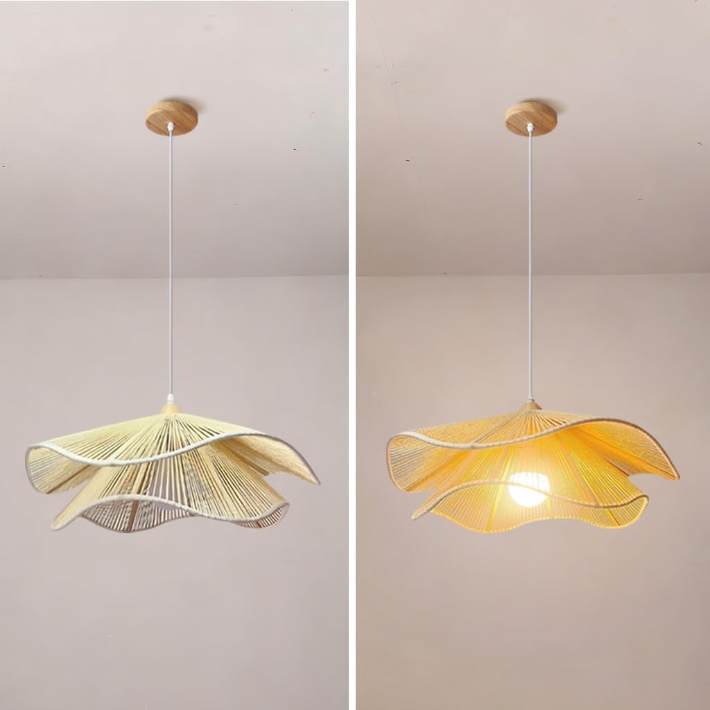 Lustre En Osier LED Suspension Tressé À La Main Lustre Rétro En Forme De Pétales Lampe Table À Manger Moderne Style Bohème Idéal Pour Salle À Manger Îlot De Cuisine Salon(Beige,40cm)