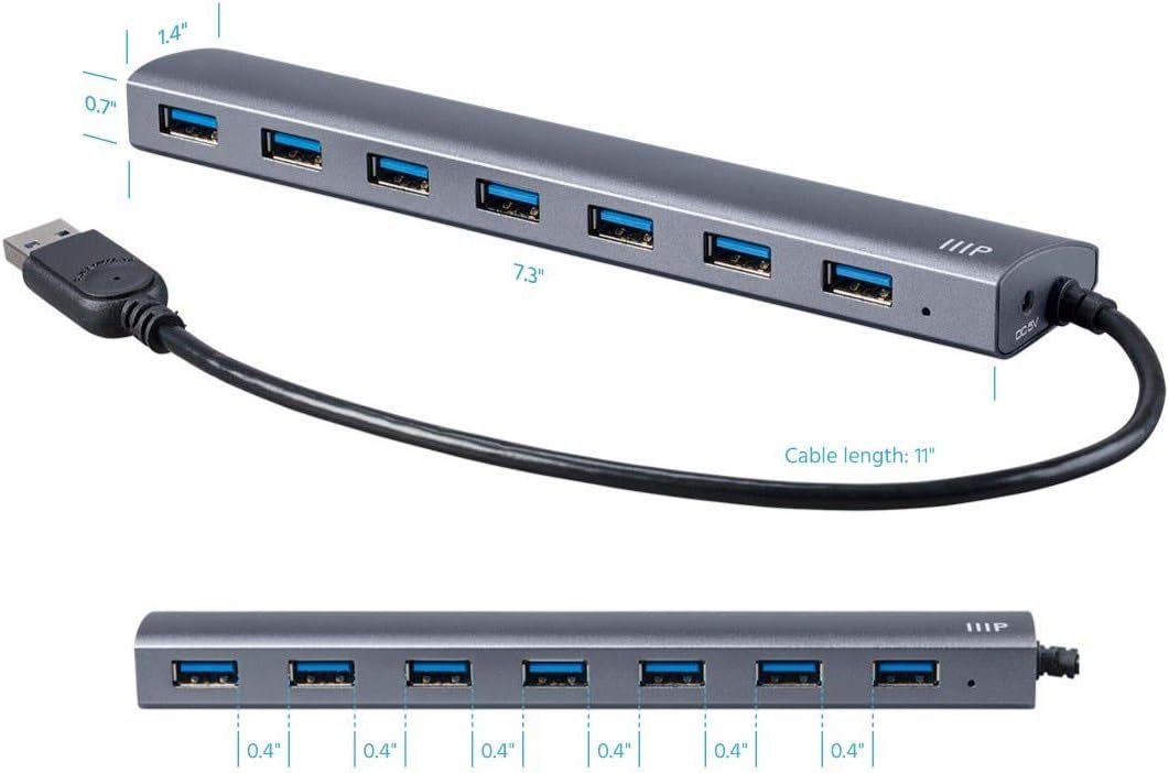 Monoprice USB 3.0 Hub with AC Adapter | 7-Port, Aluminum
