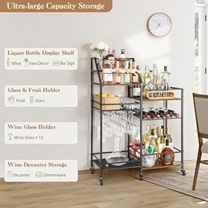 VINAEMO Rolling Bar Cart with Wine Glass Holder, Bar Carts for the Home, Bar Stand for Home, Small Mini Bar for Whiskey Wine, Liquor Cart for Home Bar, Alcohol Cabinet for Bar, Kitchen, Dining Room VINAEMO Rolling Bar Cart with Wine Glass Holder Bar Carts for the Home Bar Stand for Home Small Mini Bar for Whiskey Wine Liquor Cart for Home Bar Alcohol Cabinet for Bar Kitchen Dining Room