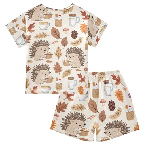 ALAZA Hedgehog Leaves Autumn Cartoon Pajamas Short Sleeve 2 Piece Sleepwear Top and Bottom Pajama Set Unisex2