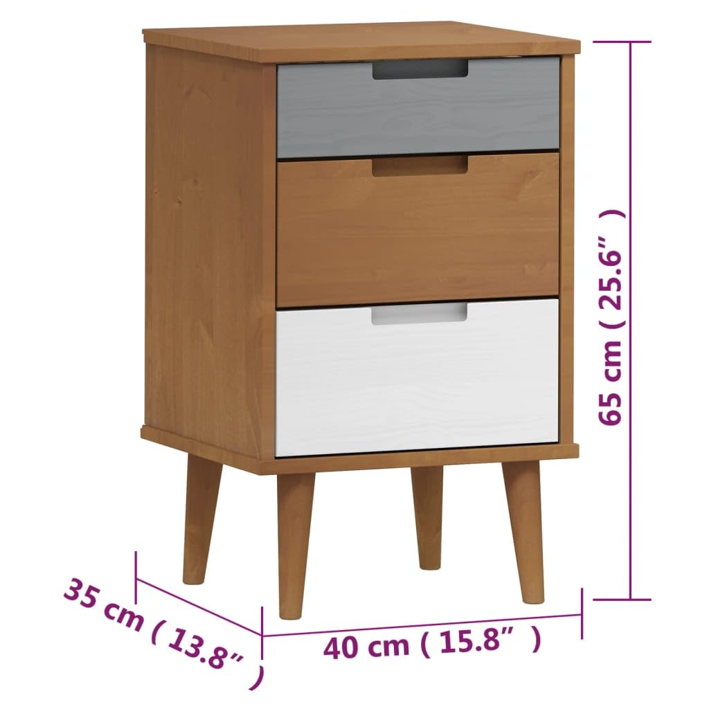 Comodino Marrone MOLDE in legno massello di pino 40x35x65 cm con 3 cassetti robusti e finitura vernice UV, mobiletto salvaspazio per camera da letto, soggiorno, ufficio, ingresso
