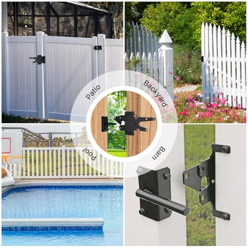 Lainballow 2 Set Gate Latch, Heavy Duty Gate Lock for Wood Fence, Self Locking Gate Hardware Kit, Post Mount Automatic Gravity Lever for Secure Pool, Garden, Backyard (Steel, Black)