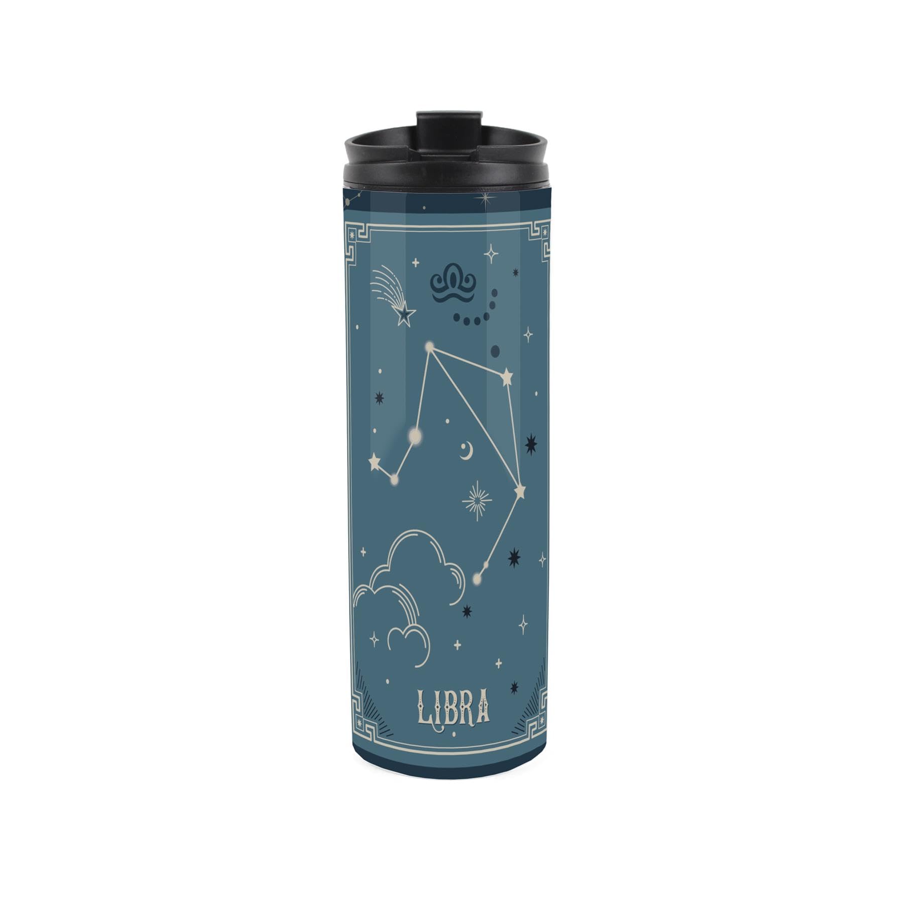 Purely Home Libra Travel Mug - Blue Tarot Card Constellation Star Sign Design - Reusable Stainless Steel Vacuum-Sealed Double-Walled Hot/Cold Drinks Travel Flask 500ml (16 fl oz)