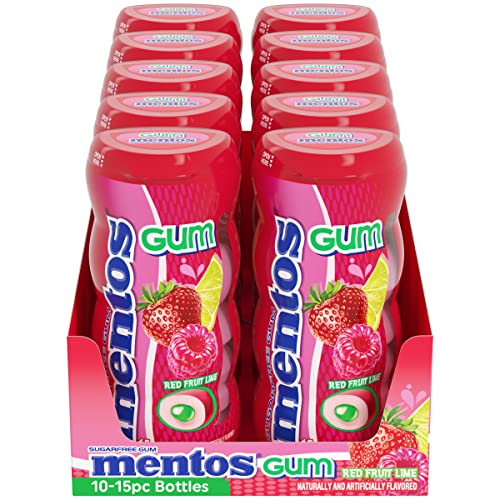 Mentos Sugarfree Chewing Gum With Xylitol 15 Piece Bottle Bulk Pack Of, Red Fruit & Lime, (Pack Of 10) #TOP1